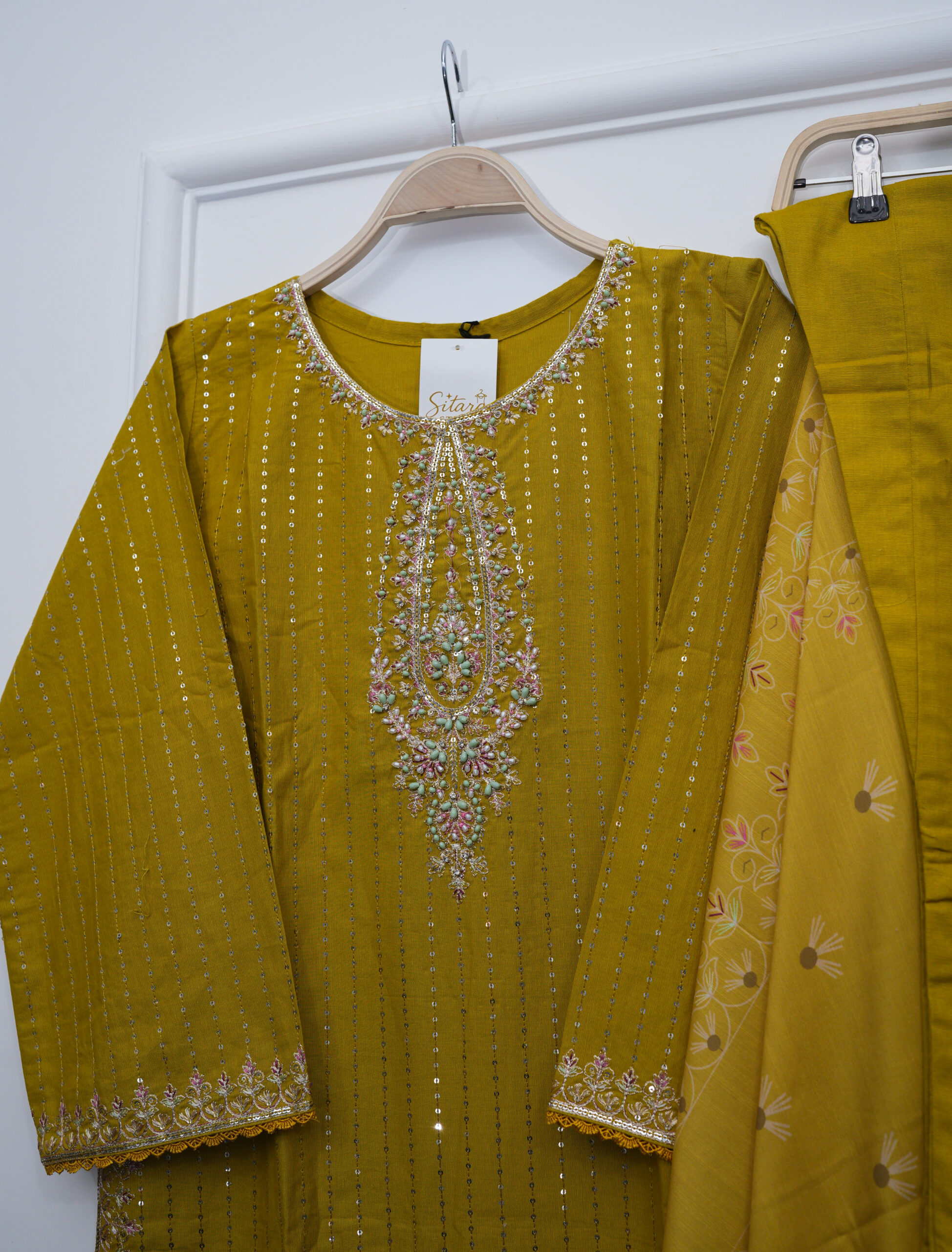 Parrot Green Full Embroidered Sequin Shirt with Trouser & Dupatta – 41" Length