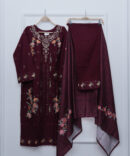 Dark Mehroon Full Embroidered Sequin Shirt with Trouser & Shawl – 46" Length