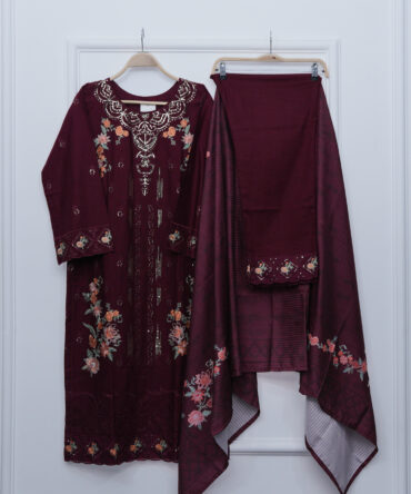 Dark Mehroon Full Embroidered Sequin Shirt with Trouser & Shawl – 46" Length