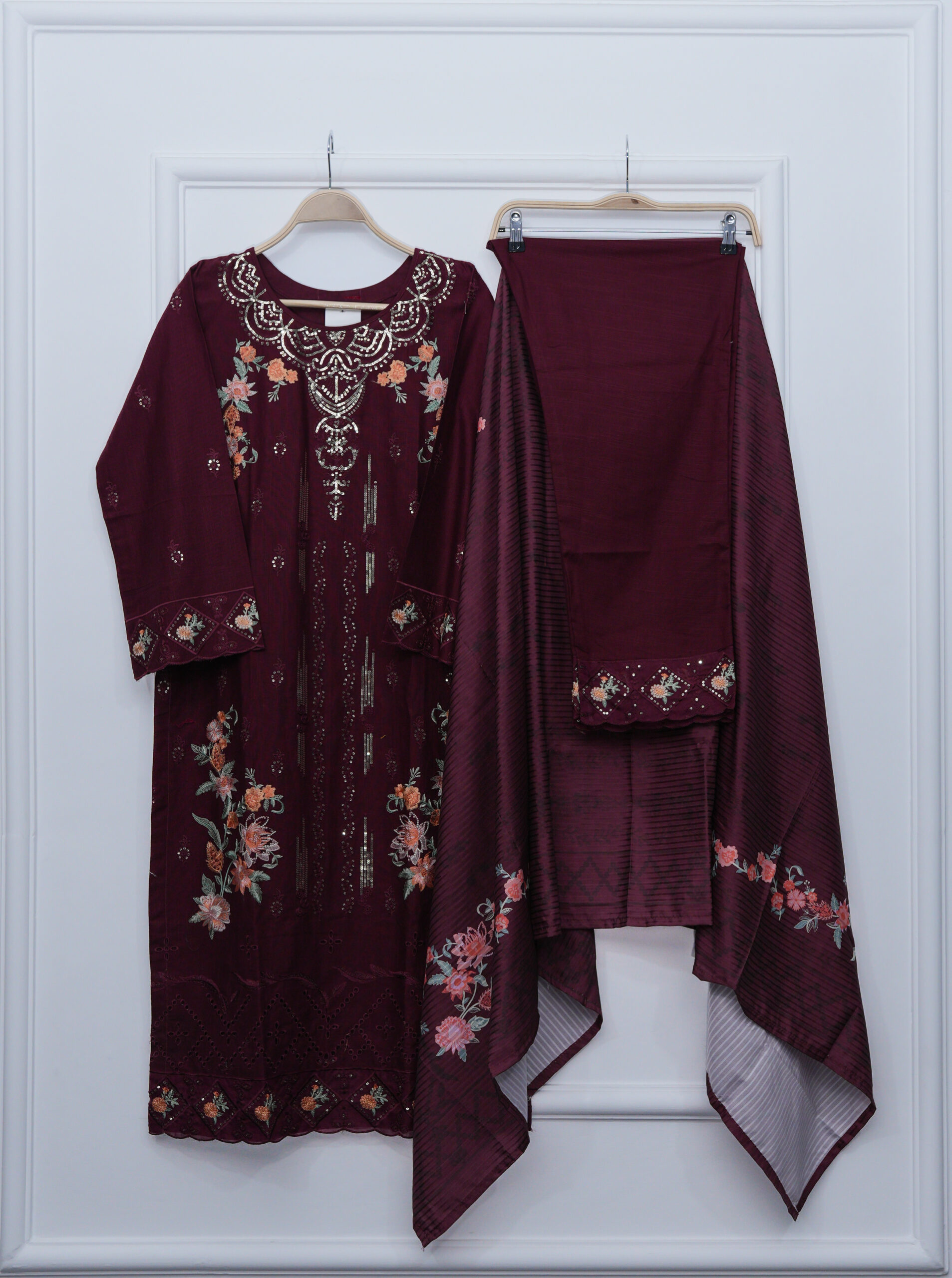 Dark Mehroon Full Embroidered Sequin Shirt with Trouser & Shawl – 46" Length