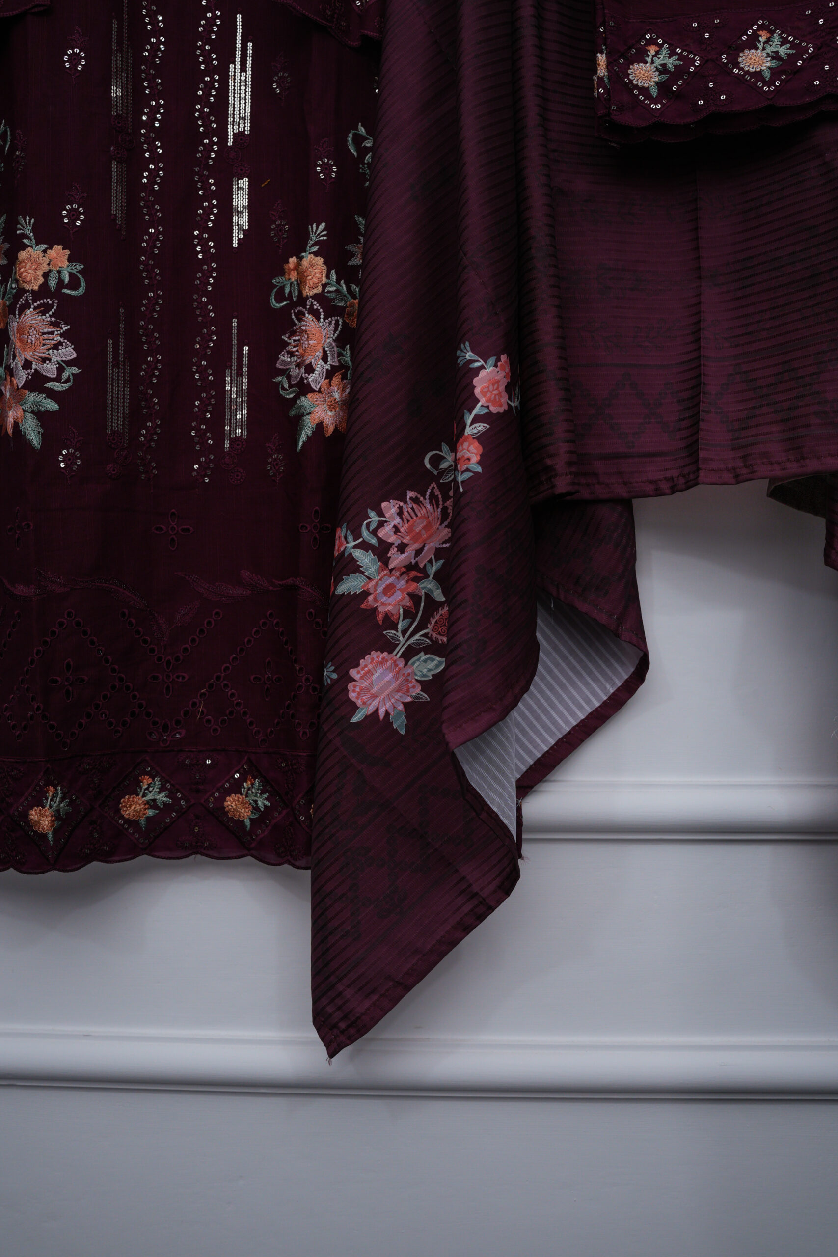 Dark Mehroon Full Embroidered Sequin Shirt with Trouser & Shawl – 46" Length