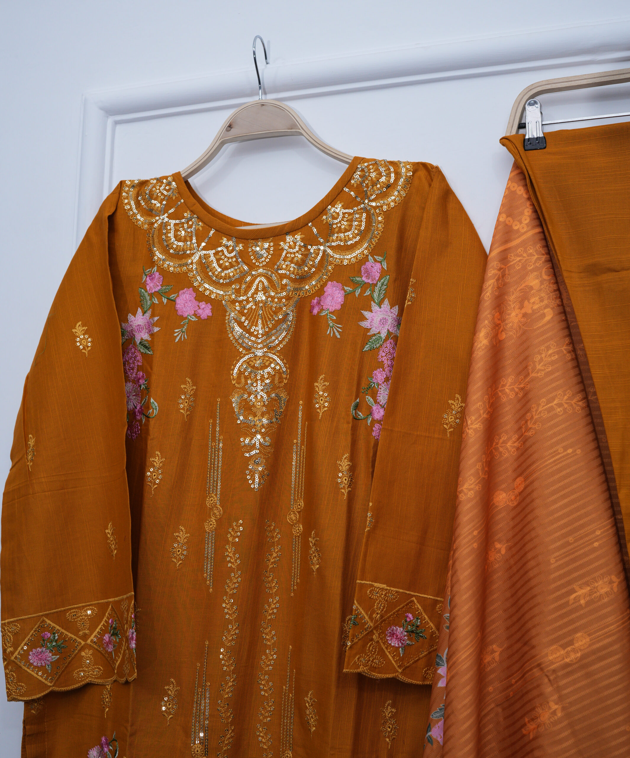 Mustard Full Embroidered Sequin Shirt with Trouser & Shawl – 46" Length