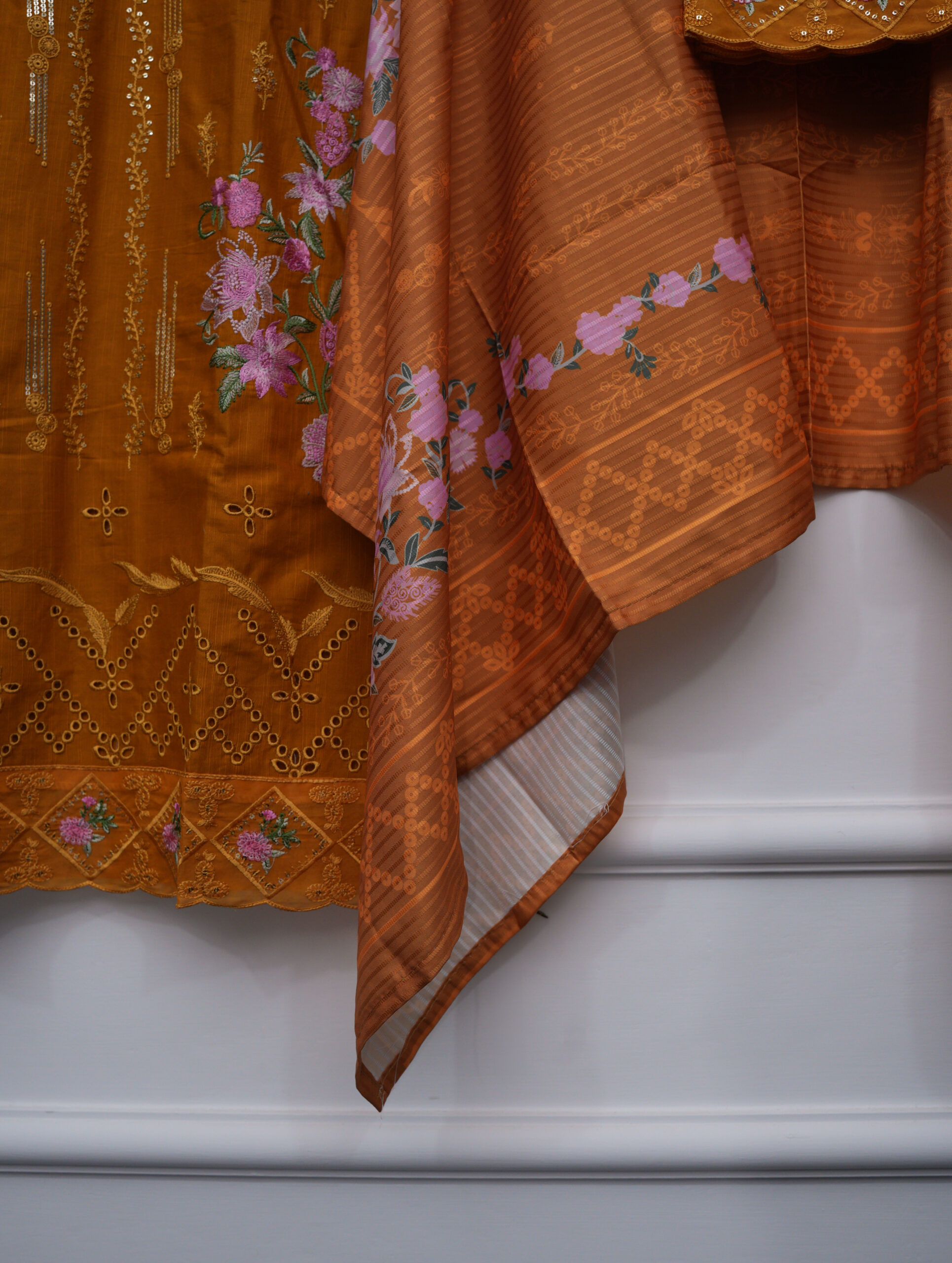 Mustard Full Embroidered Sequin Shirt with Trouser & Shawl – 46" Length