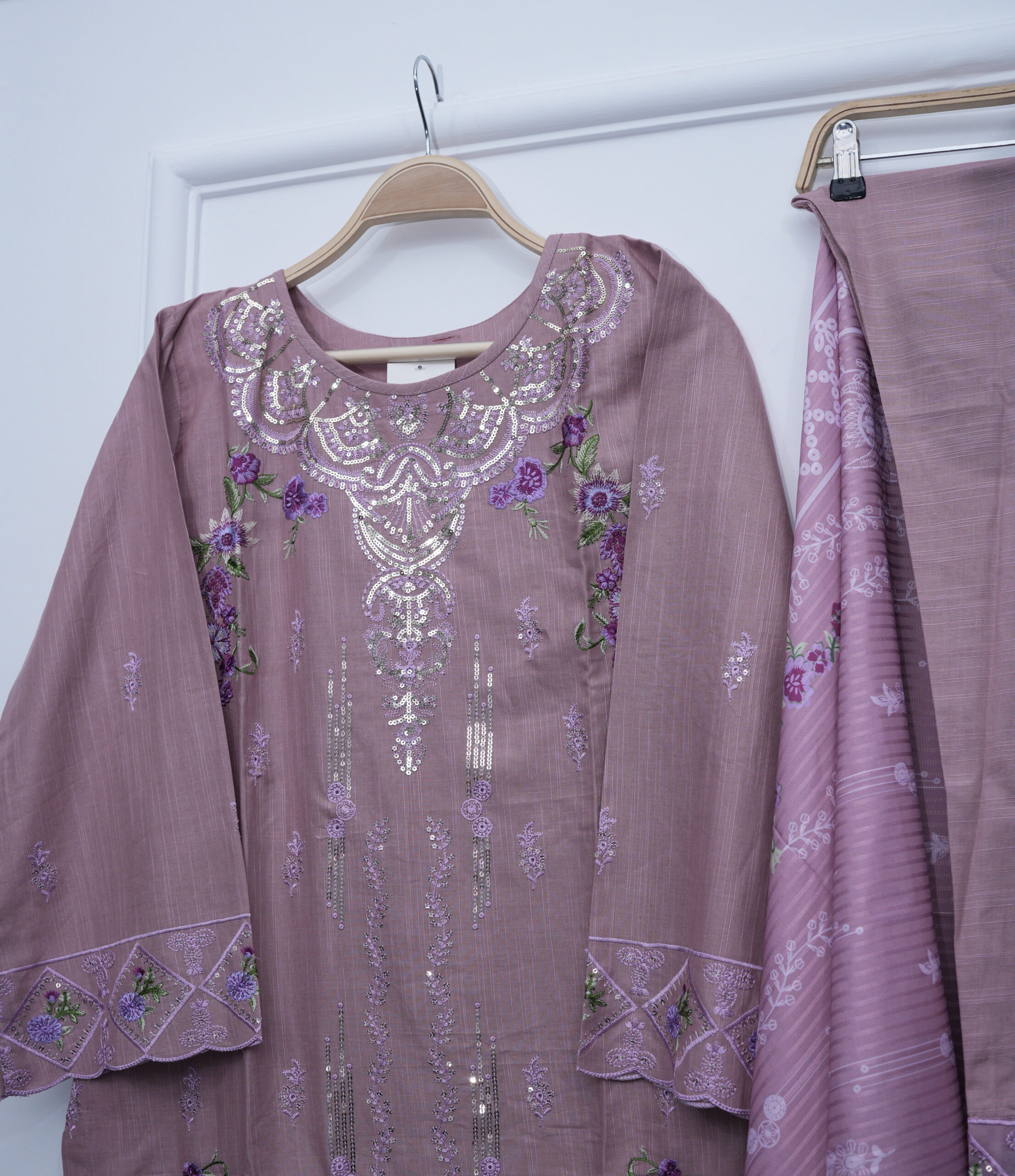 Lite Falsa Full Embroidered Sequin Shirt with Trouser & Shawl – 46" Length