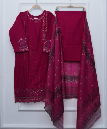 Shocking Pink Embroidered Shirt with Trouser & Cotton Net Dupatta – 42" Length