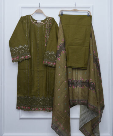 Olive Green Embroidered Shirt with Trouser & Cotton Net Dupatta – 42" Length