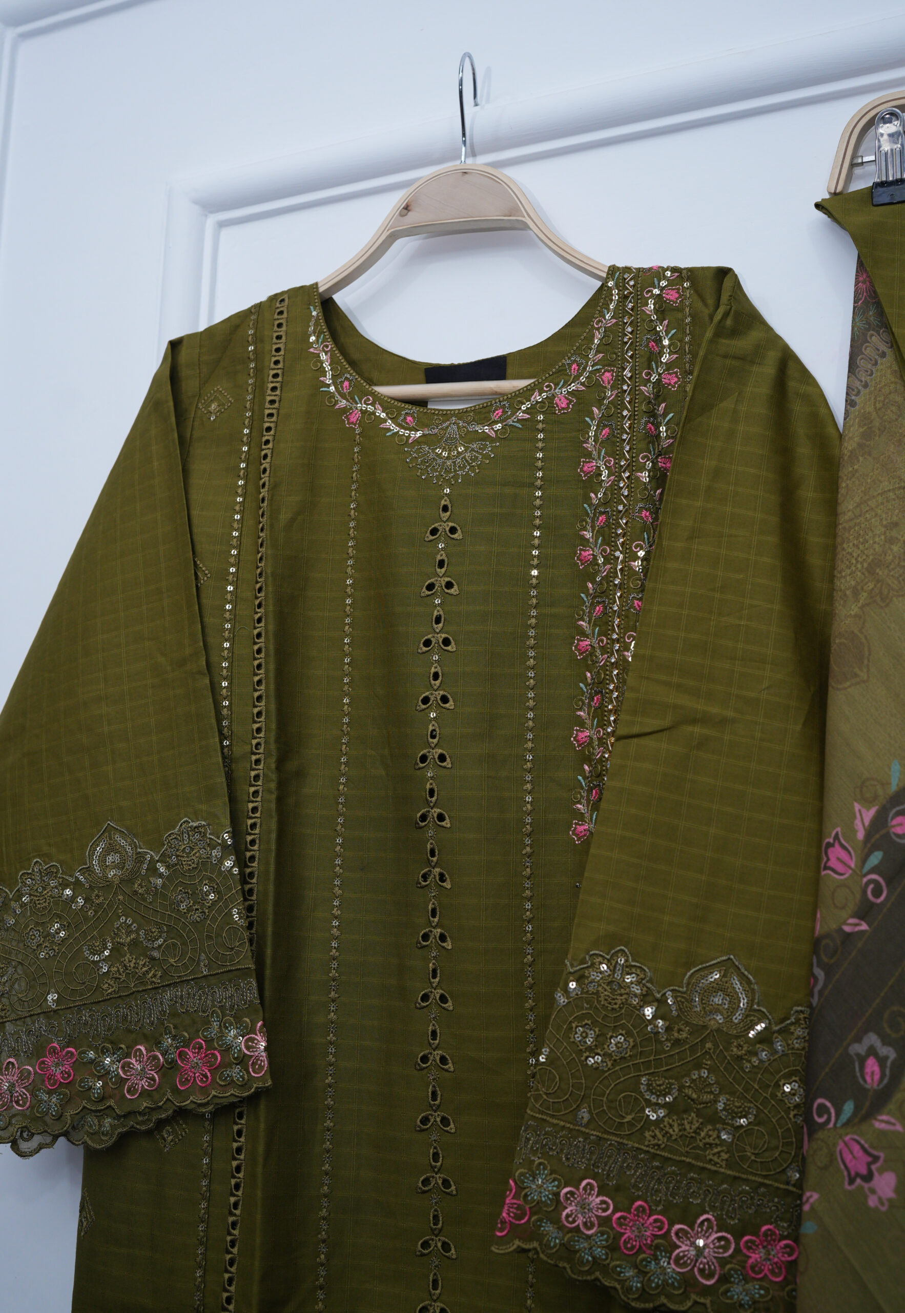 Olive Green Embroidered Shirt with Trouser & Cotton Net Dupatta – 42" Length