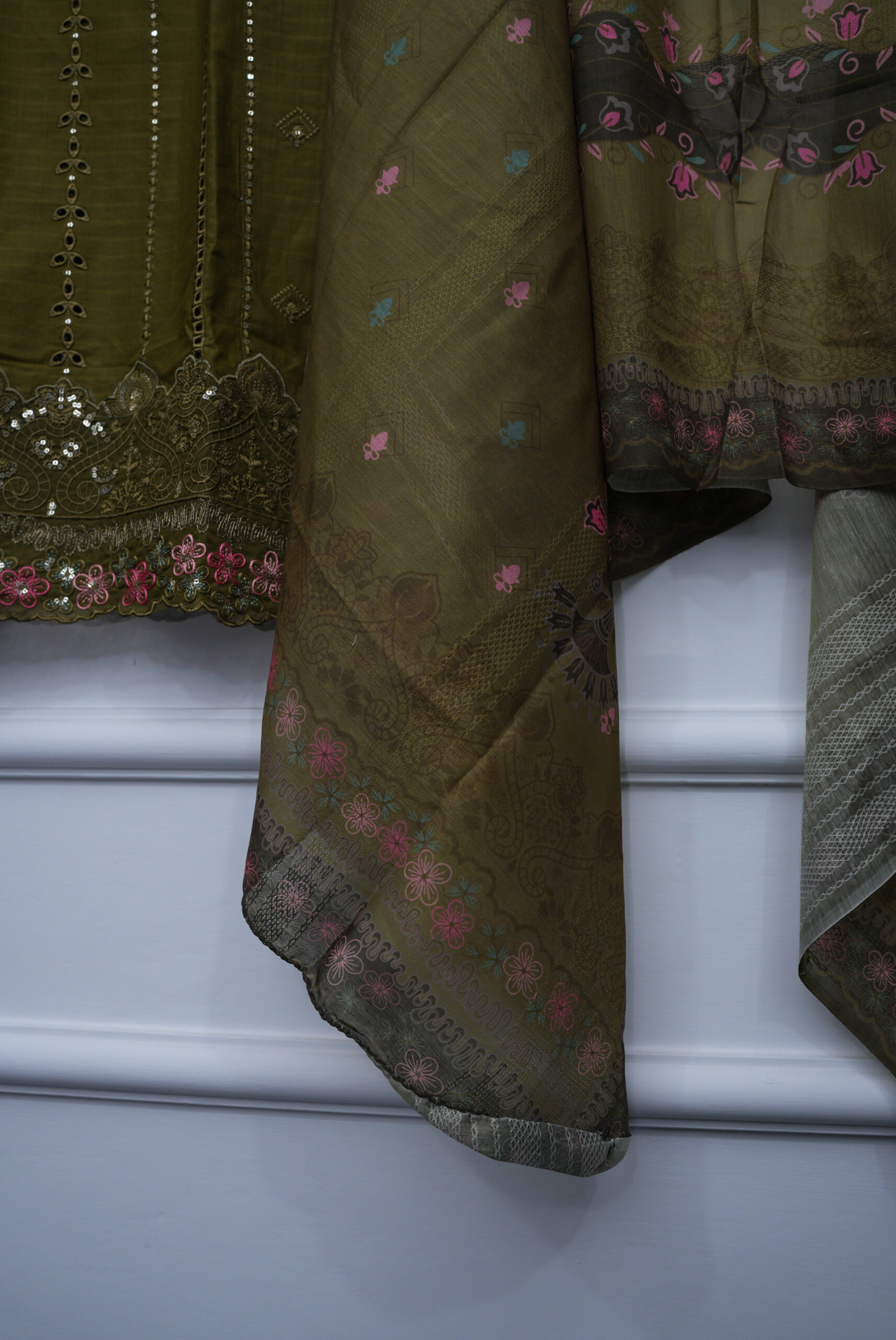 Olive Green Embroidered Shirt with Trouser & Cotton Net Dupatta – 42" Length