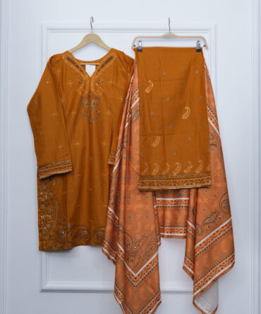 Mustard Embroidered Shirt with Embroidered Flapper & Printed Shawl – 37" Length