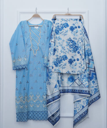 Sky Blue Khadder Printed Shirt with Flapper & Shawl – 47" Length