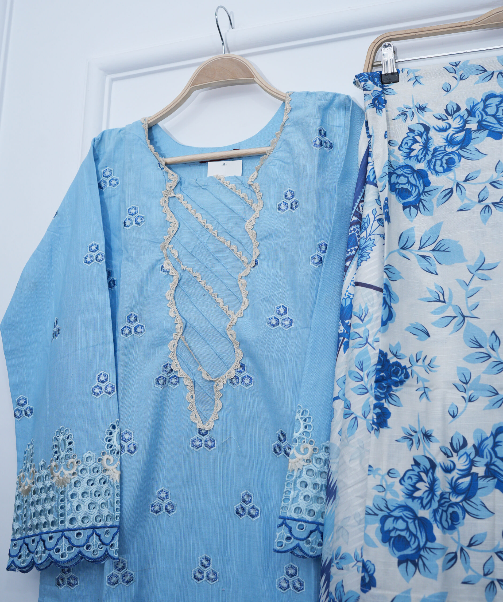 Sky Blue Khadder Printed Shirt with Flapper & Shawl – 47" Length