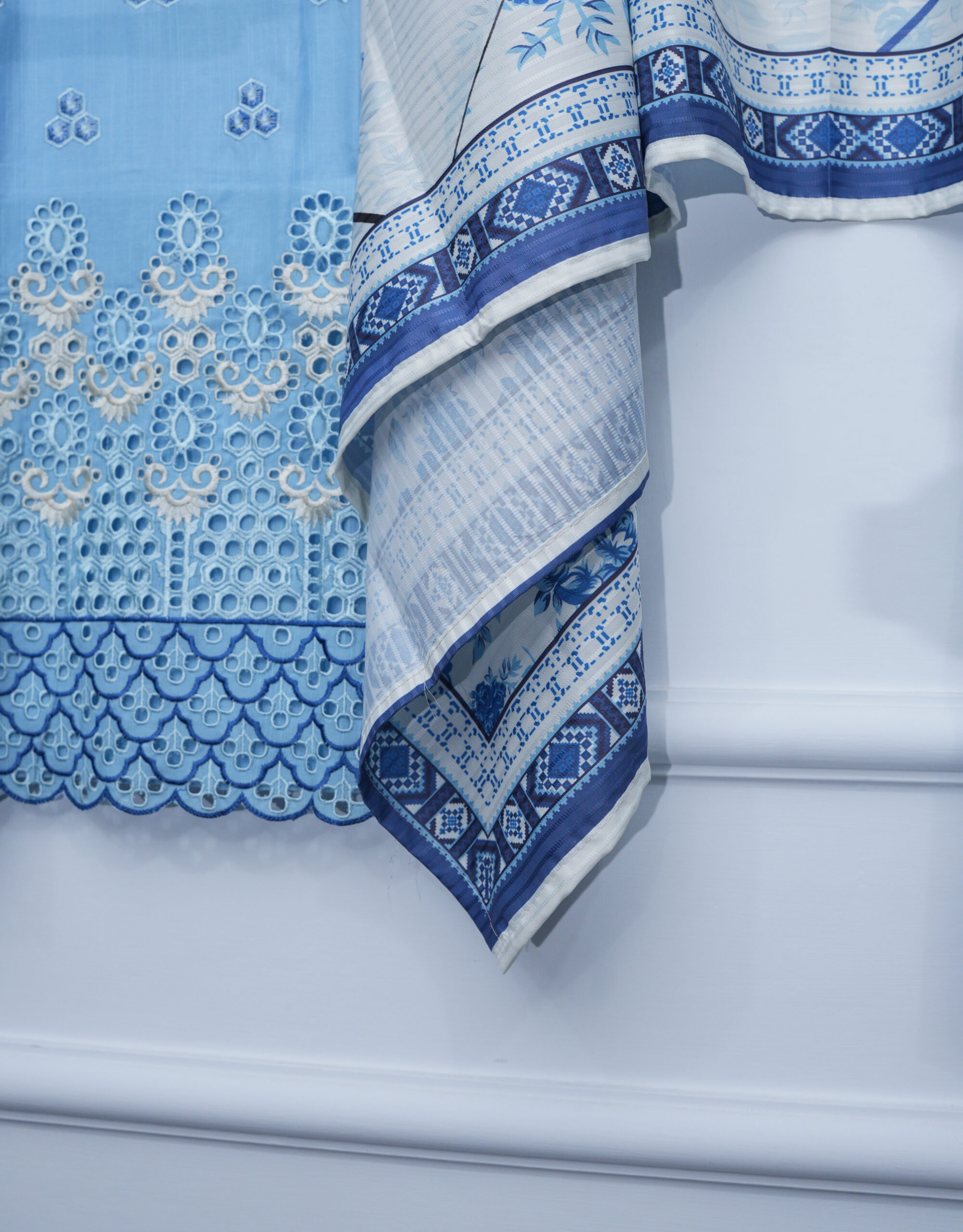 Sky Blue Khadder Printed Shirt with Flapper & Shawl – 47" Length