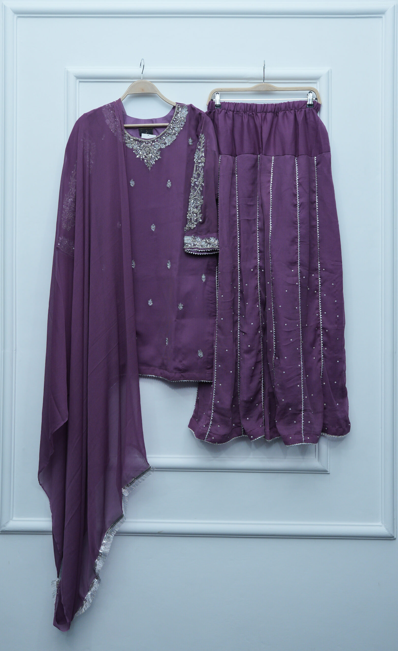 Majestic Lavender Naqshi Dabqi Embroidered Chiffon Sharara 3-Piece Set