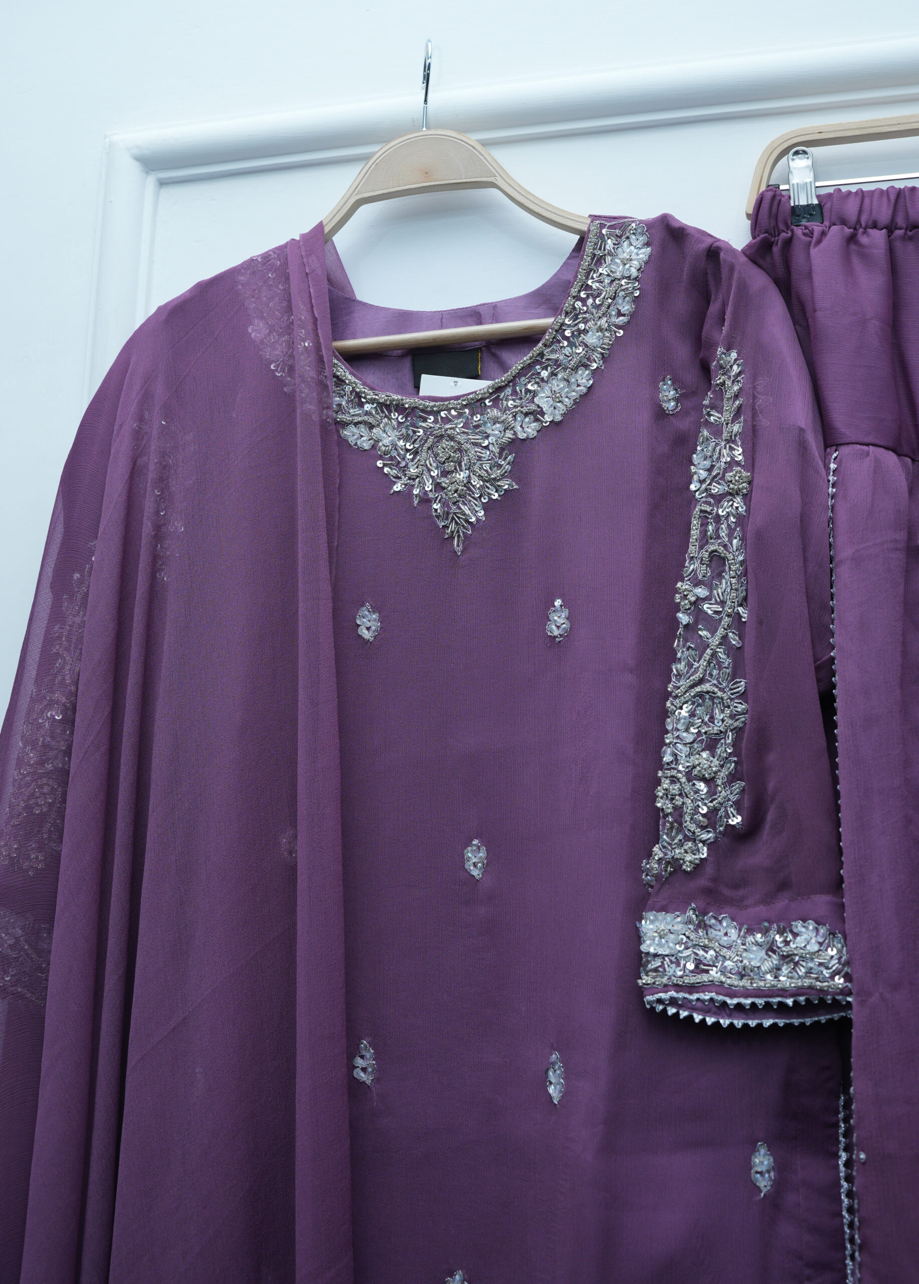 Majestic Lavender Naqshi Dabqi Embroidered Chiffon Sharara 3-Piece Set