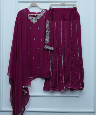 Raspberry Wine Naqshi Dabqi Embroidered Chiffon Sharara 3-Piece Set